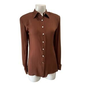 Vintage GUCCI Silk Blouse Brown Italy Button Front Shirt S French Cuff -